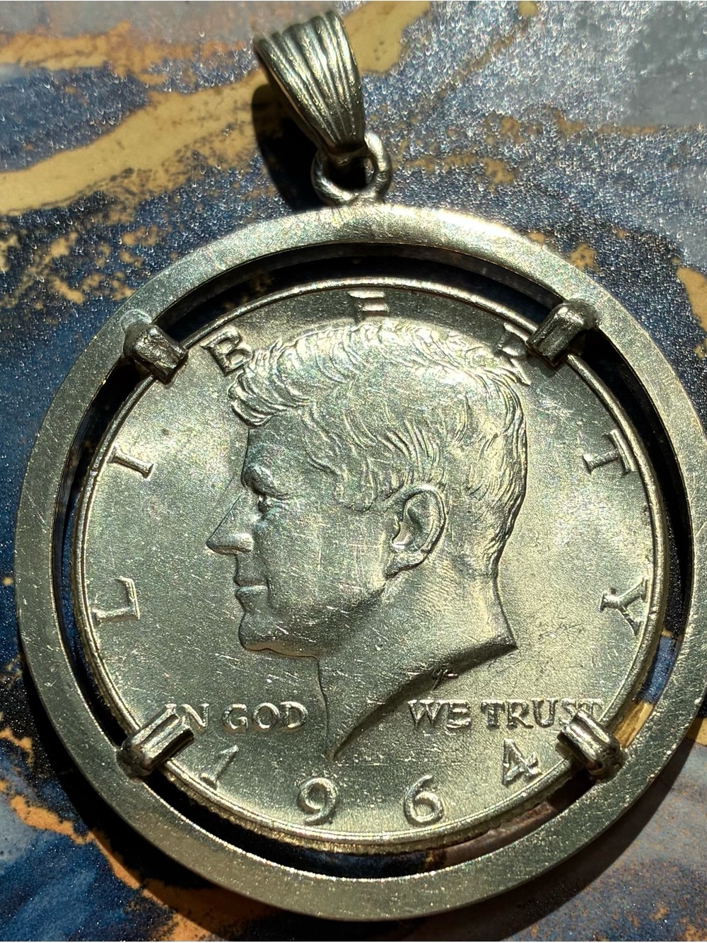 1964 Kennedy Half Dollar Coin Pendant - Silver Tone